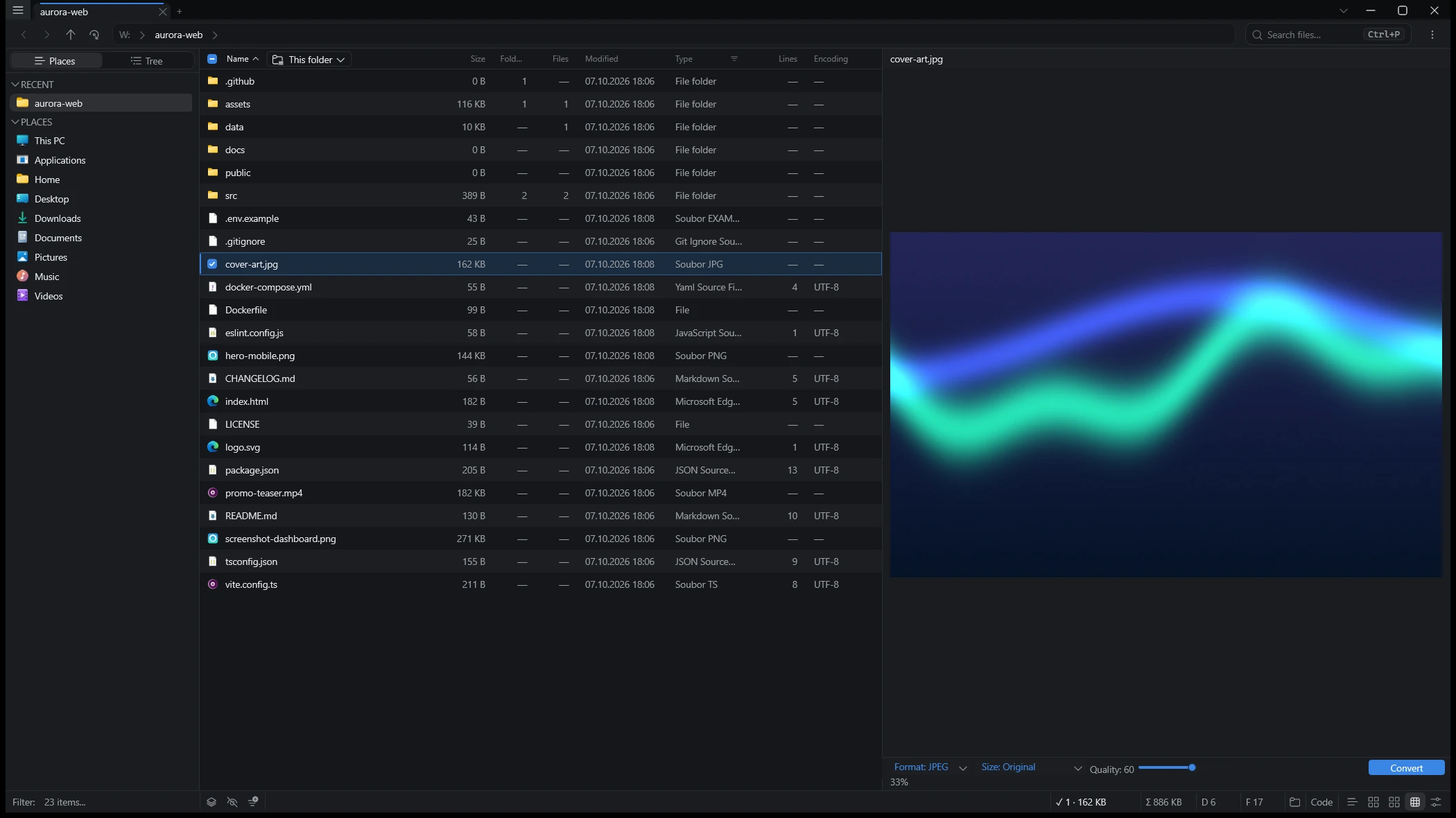 MagnumOpus Explorer window: places in the sidebar, a project folder in the details view and an image in the preview pane